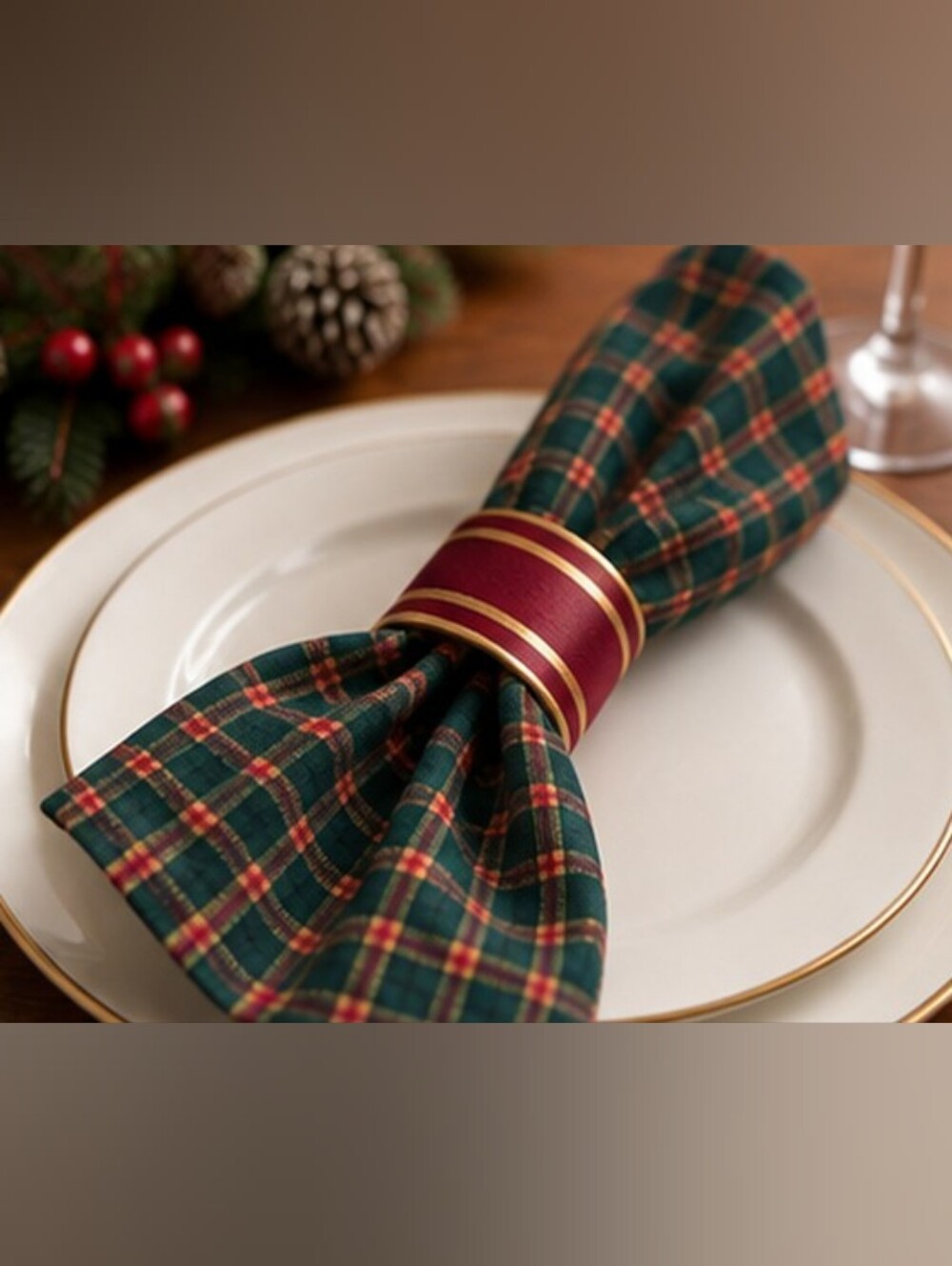 Set of 6 Vintage Christmas Plaid Cloth Napkins – Green Red & Gold